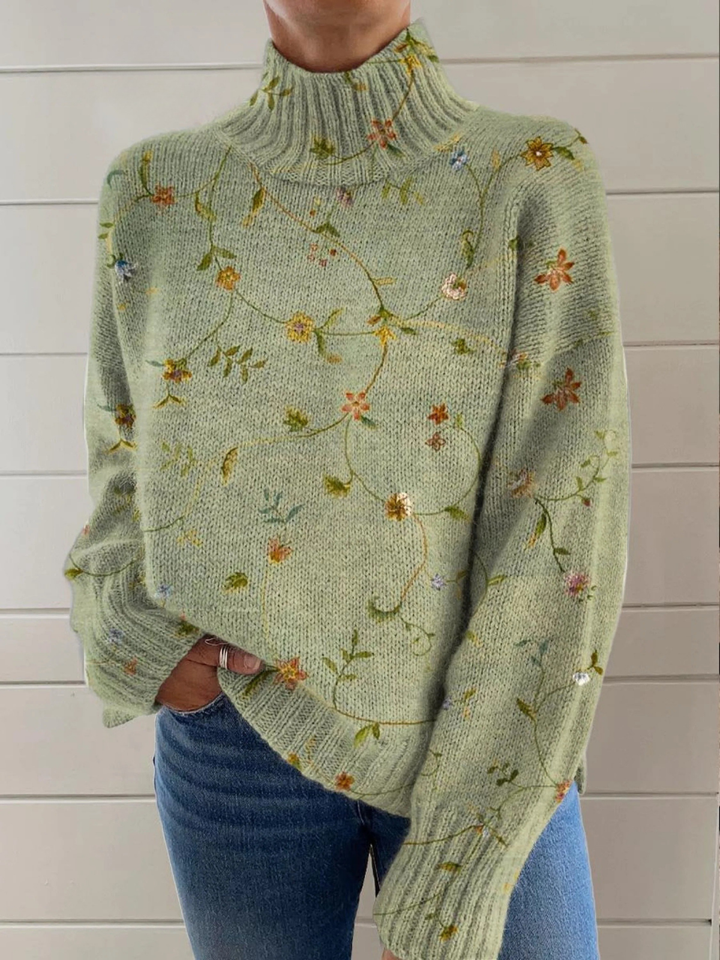 Lovely Floral Knit Turtleneck Sweater