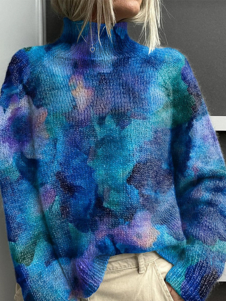 Watercolor Floral Knit Turtleneck Sweater