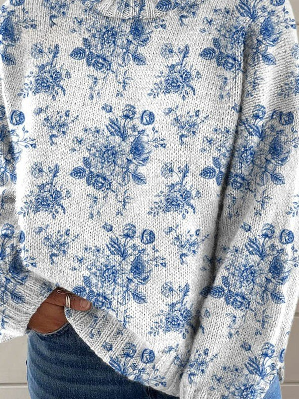 Blue Blossom Knit Turtleneck Sweater