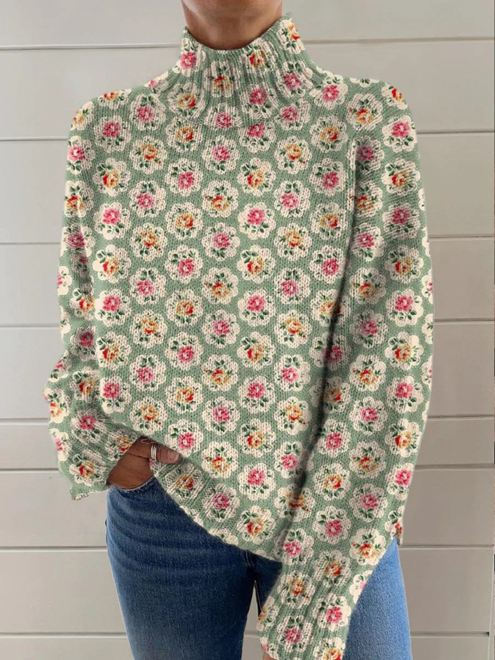 Women's Lovely Floral Art Print Knit Turtleneck Pullover Sweater